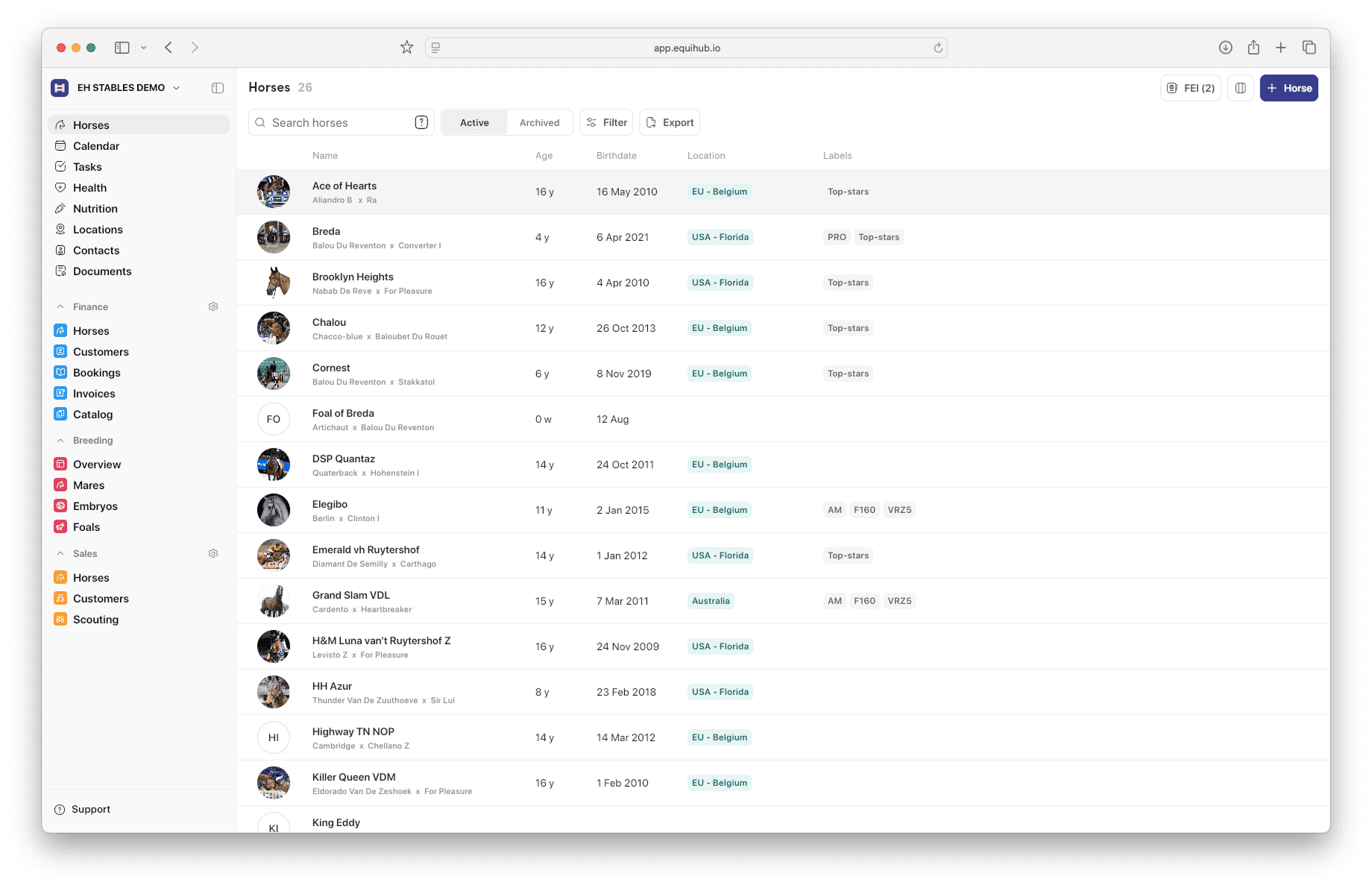 Equihub connected stable management system